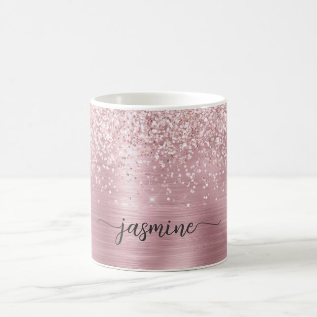 Rose Guld Glitter Monogram Signatur Ombre Metall Kaffemugg (Center)