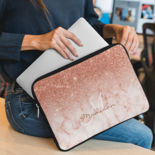Rose Guld Glitter ombre marmor Monogram Laptop Fodral
