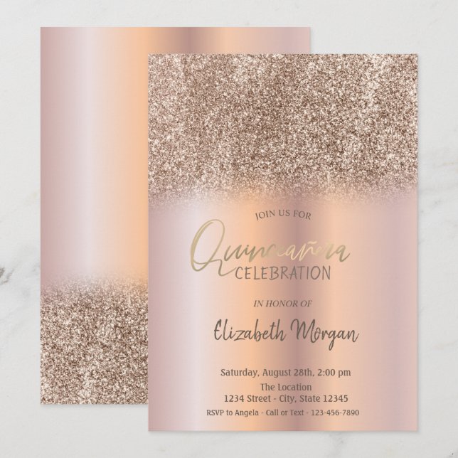 Rose Guld Glitter Ombre Quinceañera Inbjudningar (Fram/baksida)