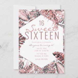 Rose Guld Glitter Tropiska Palmblad Sweet 16 I Inbjudningar