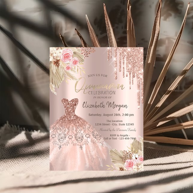 Rose Guld Glitterdroppar Klänning Blommor Quinceañ Inbjudningar (Skapare uppladdad)