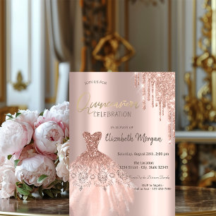 Rose Guld Glitterdroppar Klänning Quinceañera Inbj Inbjudningar