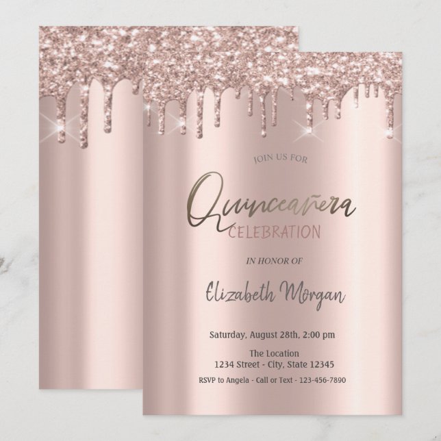 Rose Guld Glitterdroppar Quinceanera Inbjudningar (Fram/baksida)