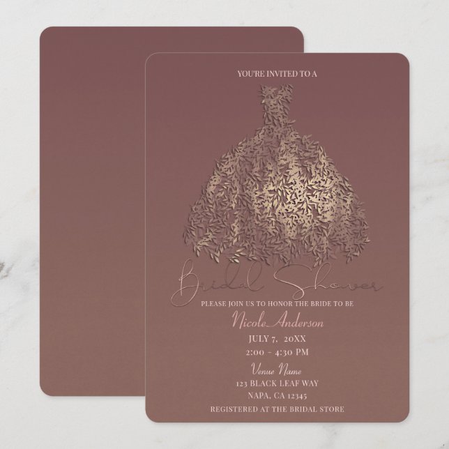 Rose Guld Mauve Botanisk Blad Klänning Bröllopsdus Inbjudningar (Fram/baksida)
