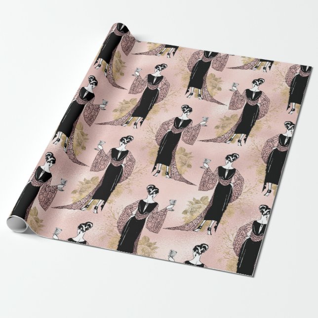 Rose Guld och Blush Rosa Art Deco Vin Presentpapper (Utrullad)