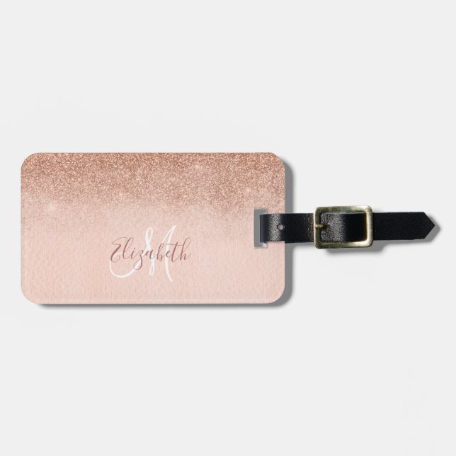 Rose Guld Ombre Glitter Monogram Resväska Bagagebricka (Horisontell Framsida)