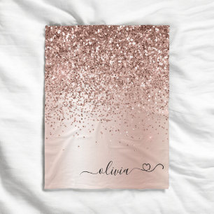 Rose Guld - Röda Rosa Glitter Metall Monogram Namn Fleecefilt