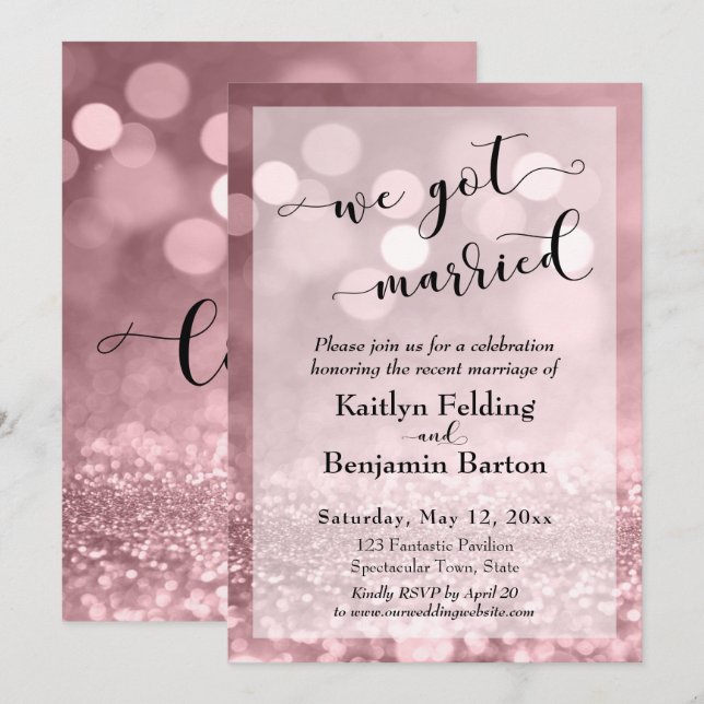 Rose Guld Rosa Glitter Bokeh Vi Gift Oss Inbjudningar (Fram/baksida)