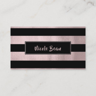Rose Guld Rosa & Svarta Ränder Chic Modern Glamour Visitkort