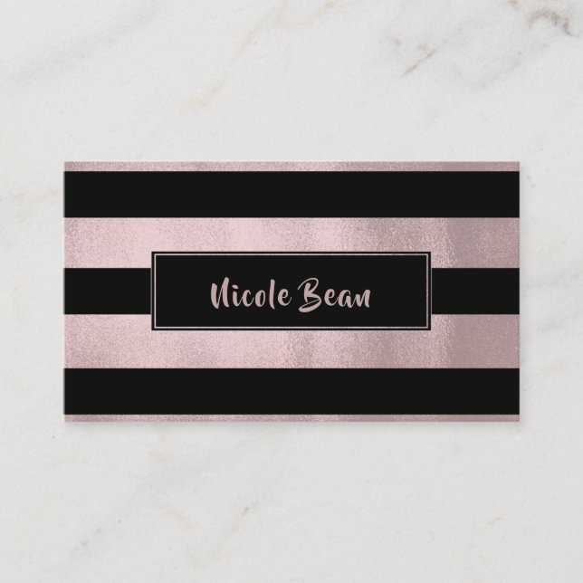 Rose Guld Rosa & Svarta Ränder Chic Modern Glamour Visitkort (Framsida)