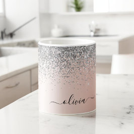 Rose Guld - Rosafärgad Glitter Silver Monogram Kaffemugg