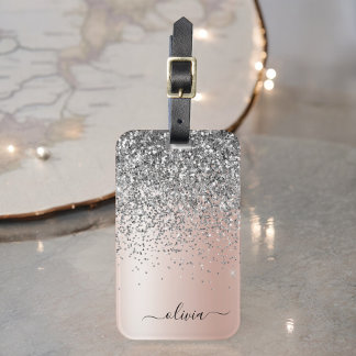 Rose Guld - Rosafärgad Silver Glitter Monogram Bagagebricka