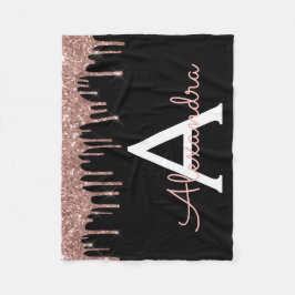 Rose Guld - Rosafärgad Svart Glitter Monogram Namn Fleecefilt