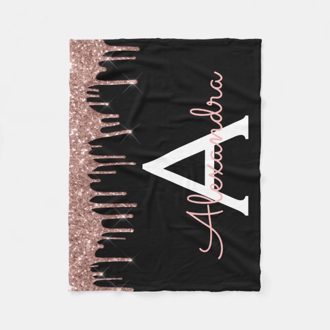 Rose Guld - Rosafärgad Svart Glitter Monogram Namn Fleecefilt (Framsidan)