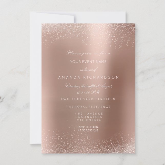 Rose Guld Rosé Glitter Sand Bröllop Födelsedag Inbjudningar (Framsida)