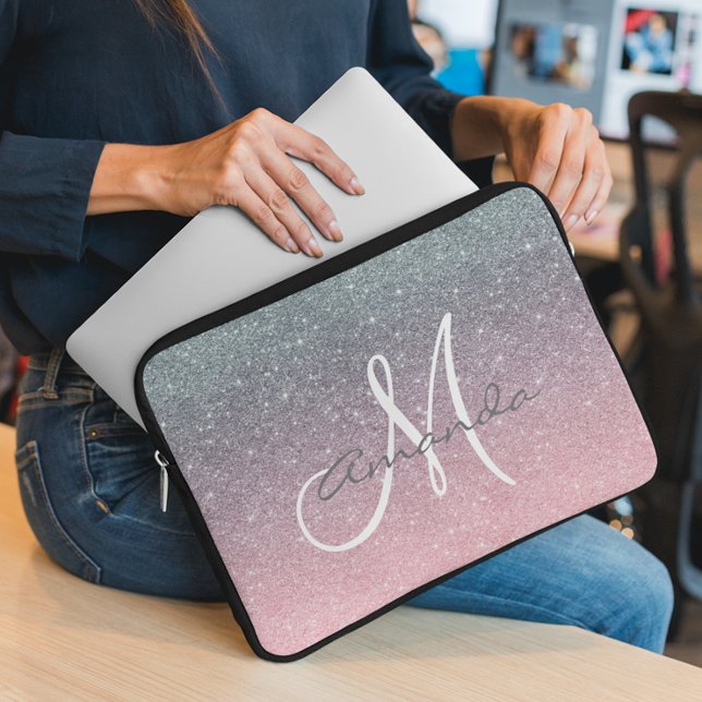 Rose Guld Silver Ombre Monogram Personlig Anpassni Laptop Fodral (Skapare uppladdad)