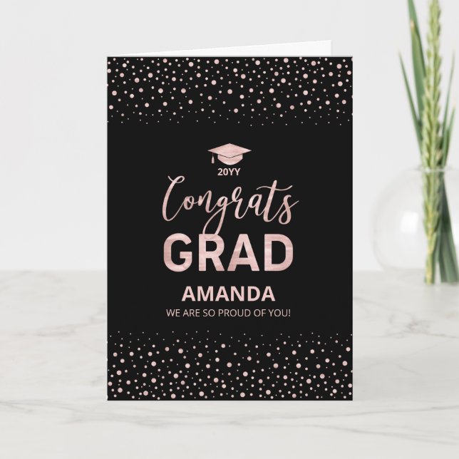 Rose Guld, Svart Konfetti Grattis Examen Examen Kort (Framsida)