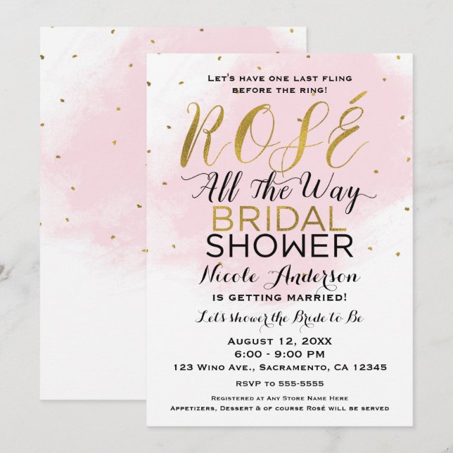 Rosé hela vägen BRUDKVÄLLSVIN Rosé & Guld Inbjudningar (Fram/baksida)