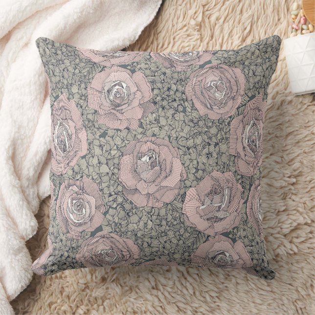 rose hydrangea floral pale pink indigo gray kudde (Filt)