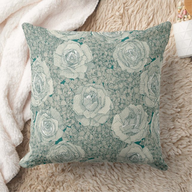 rose hydrangea floral pearl dark teal viridian kudde (Filt)