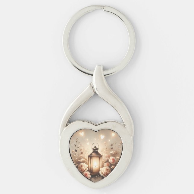 Rose Lantern Glow Bouquet Twisted Heart Silverfärgad Nyckelring (Framsidan)