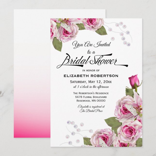 Rose Lily Pearl Rosa Bröllopsdusch Inbjudningar (Fram/baksida)
