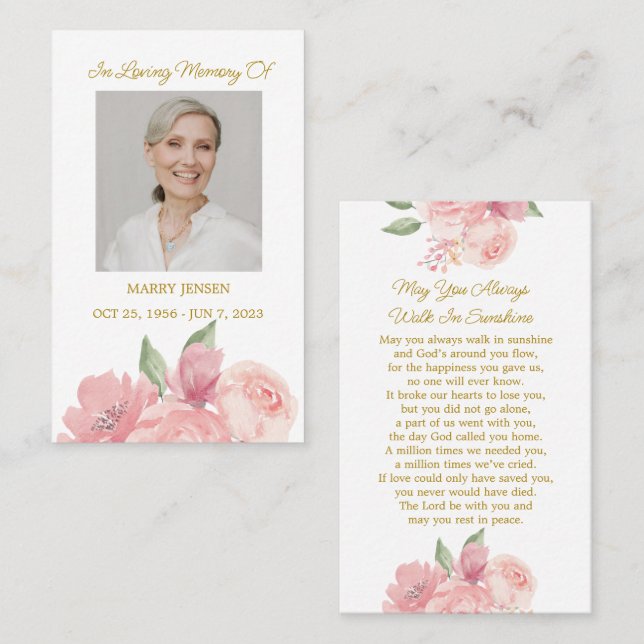 Rose Memorial Photo Funeral Prayer Card Visitkort (Fram/baksida)