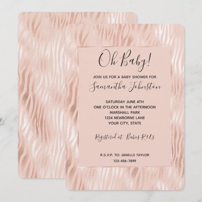 Rosé Persika Rosa Zebra Baby Shower Inbjudningar (Fram/baksida)