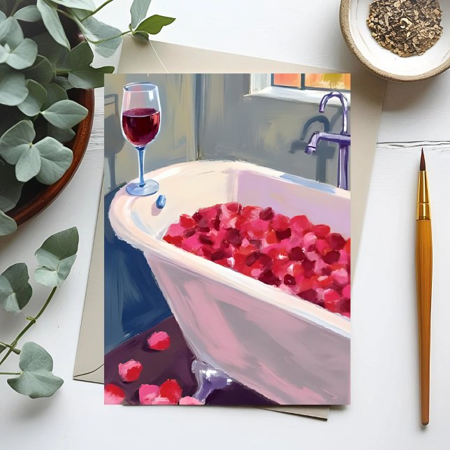Rose Petal Bath | Romantic Red Wine Painting Vykort (Skapare uppladdad)