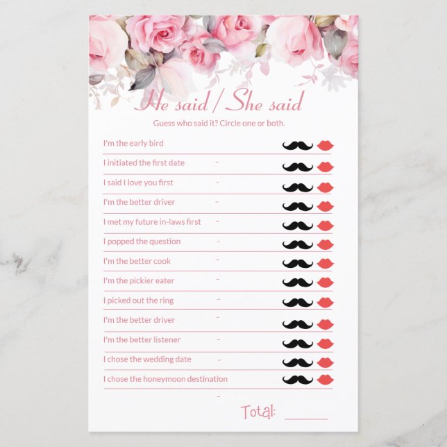 Rose Pink Bridal Shower Game He Said She Said (Framsida)