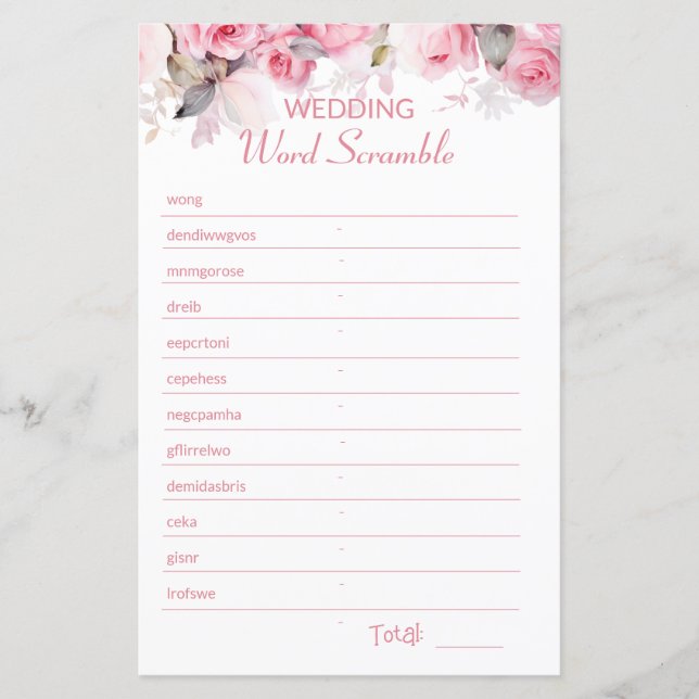 Rose Pink Bridal Shower Word Scramble Game (Framsida)