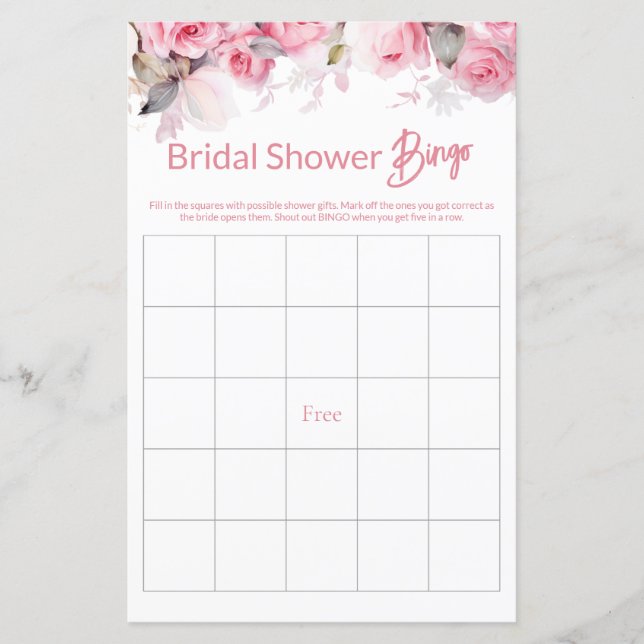 Rose Pink Floral Bridal Shower Game BINGO (Framsida)
