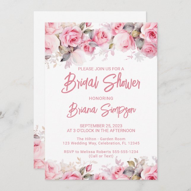 Rose Pink Floral Bridal Shower  Inbjudningar (Fram/baksida)