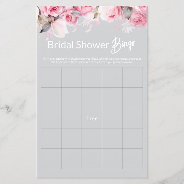 Rose Pink Floral Gray Bridal Shower Game BINGO (Framsida)