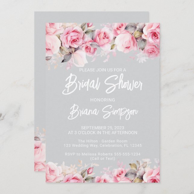 Rose Pink Floral Gray Bridal Shower  Inbjudningar (Fram/baksida)