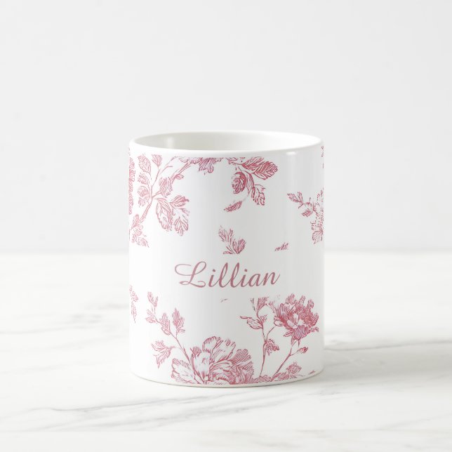 Rose Pink Floral Toile Pattern Personalized Name Kaffemugg (Center)