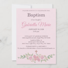 Rose Pink Floral Watercolor Cross Baptism Inbjudningar