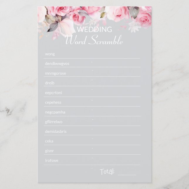 Rose Pink Gray Bridal Shower Word Scramble Game (Framsida)
