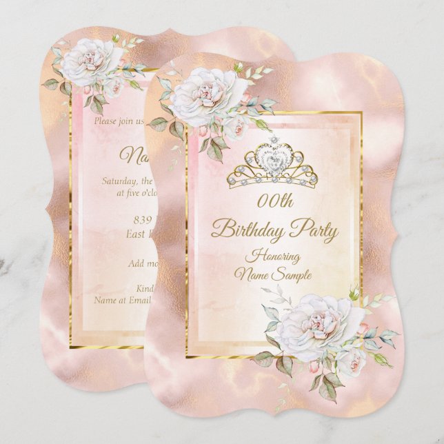 Rose Pink Guld Prinsessa Födelsedagsfest Inbjudan  (Fram/baksida)