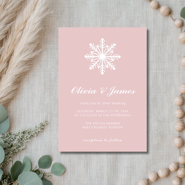 Rose Quartz Minimal Snowflake Kalligrafi Bröllop Inbjudningar (Skapare uppladdad)