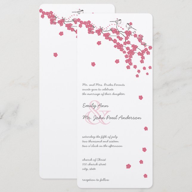 Rose Quartz Rosa Körsbärsblom Chickadee Bröllop Inbjudningar (Fram/baksida)