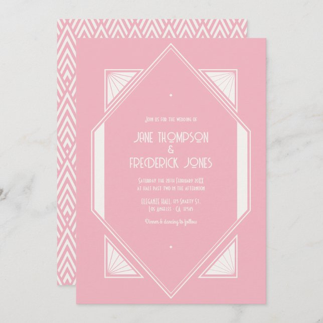 Rose Quartz & Soft Ivory Art Deco Wedding Photo Inbjudningar (Fram/baksida)