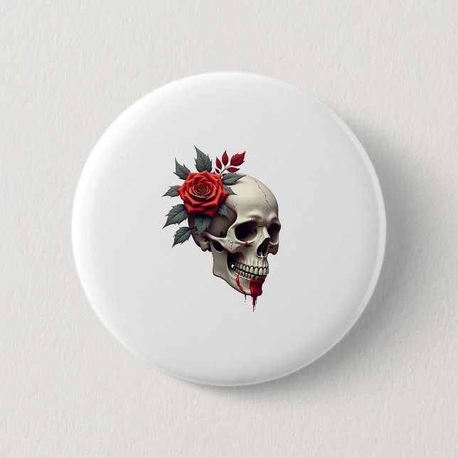 Rose Skeleton Skull Hand Red Flower Rose T-Shirt ( Knapp (Framsida)