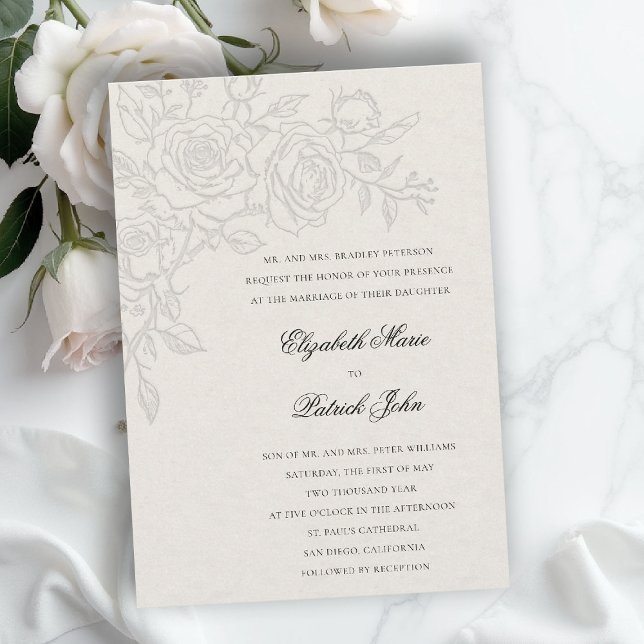 Rose Theme Beloved Ecru Formal Classic Wedding Inbjudningar (formal traditional wedding invitation roses theme floral modern classic luxury pure ecru)