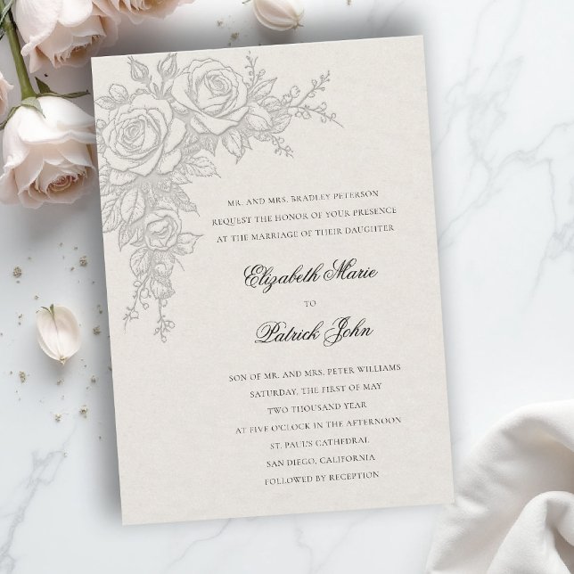 Rose Theme Timeless Ecru Formal Classic Wedding Inbjudningar (formal traditional wedding invitation roses theme floral modern classic luxury ecru neutral cream)