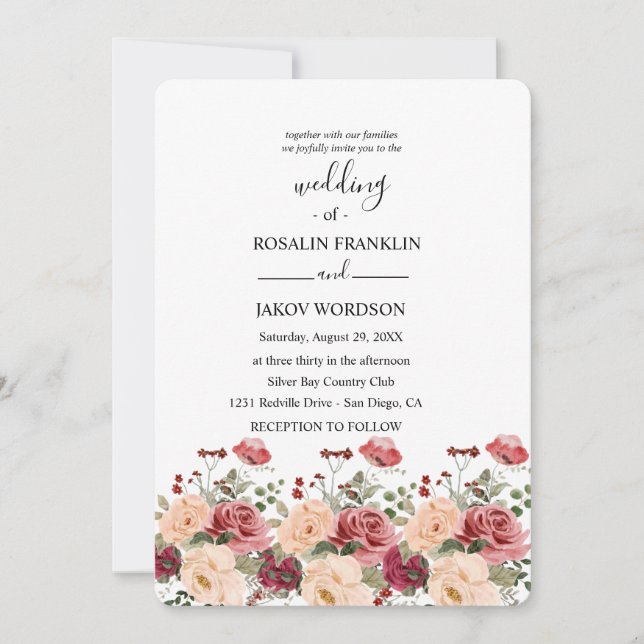 rose watercolor wedding Invitation Inbjudningar (Framsida)