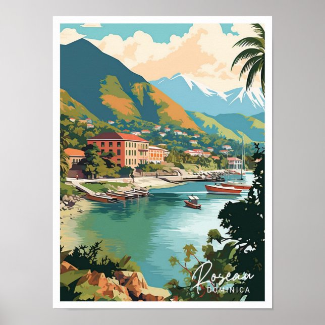 Roseau Dominica Art Vintage resor Illustration Poster (Framsidan)