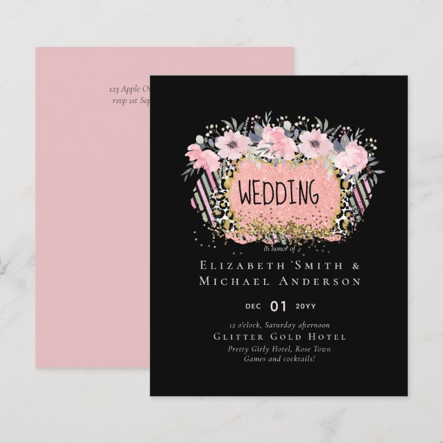 Rosegold BRÖLLOP Girly Rosa Blommigt Glitter Glam (Fram/baksida)