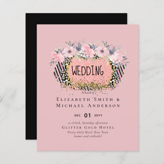 Rosegold BRÖLLOP Girly Rosa Blommigt Glitter Glam (Fram/baksida)