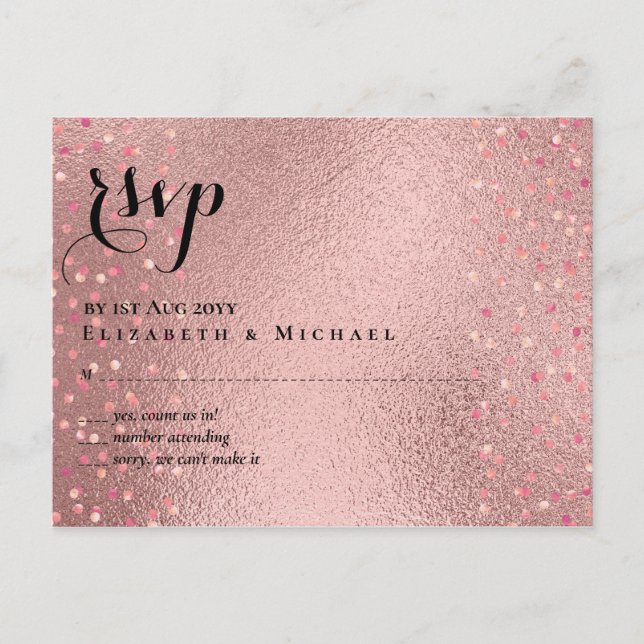 RoseGold Glitter Glam RSVP Bröllops BUDGET Vykort (Framsida)